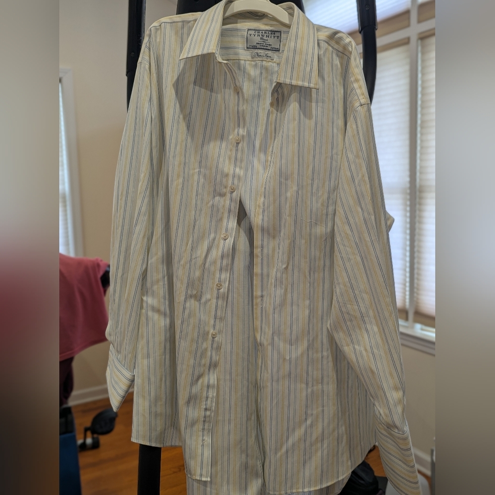 Charles Tyrwhitt Blue and Yellow Striped Shirt Non Iron With Cuff Link Cuffs.